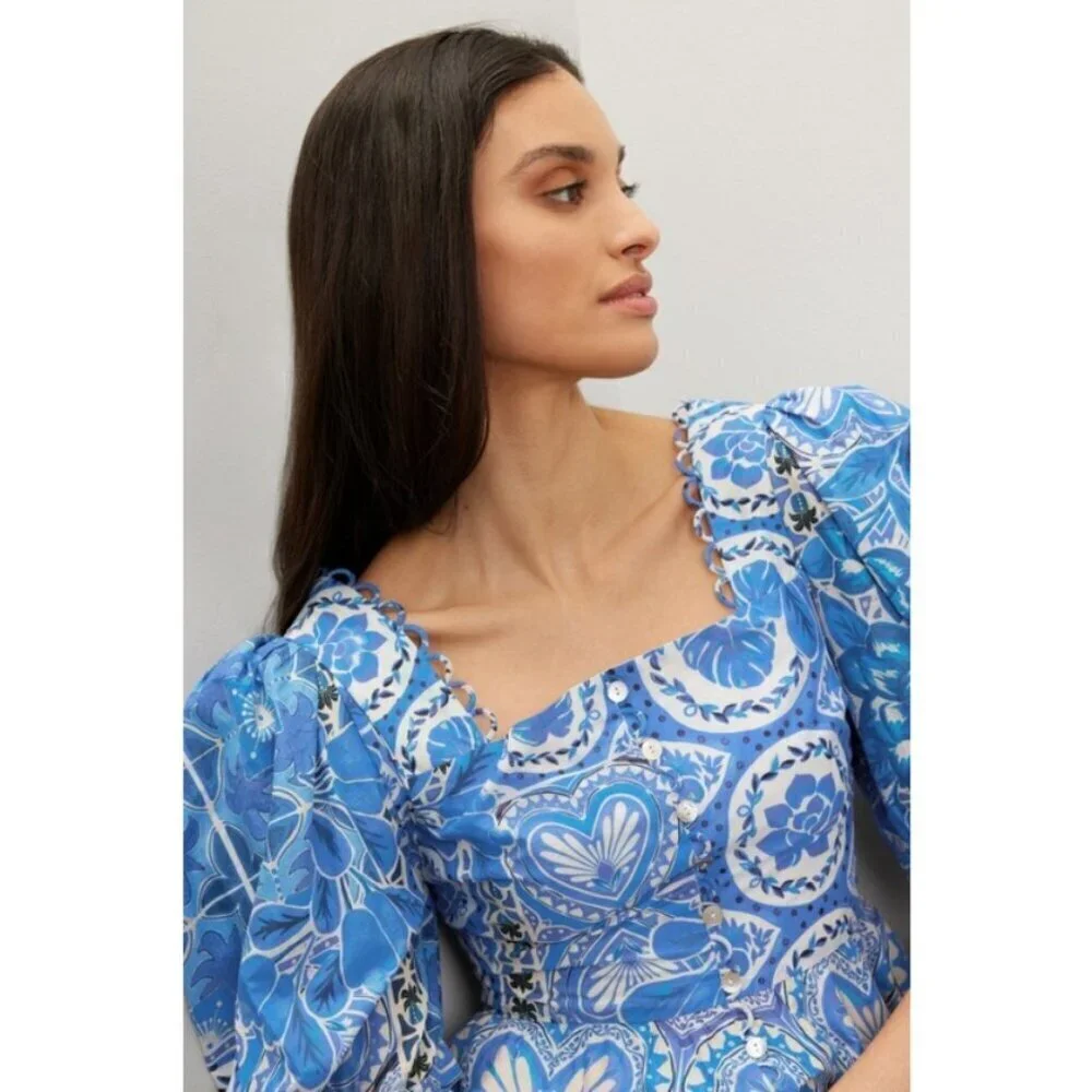 💕FARM RIO💕 Blue Tile Dream Short Sleeve Blouse ~ Floral Large L NWT *DAMAGED*